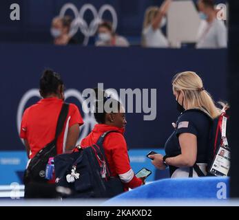 AUGUST 03rd, 2021 - TOKYO, JAPAN: Simone BILES of United States performs at the Women's Balance beam during the Artistic Gymnastics Apparatus Finals at the Tokyo 2020 Olympic Games (Photo by Mickael Chavet/RX) Stock Photo