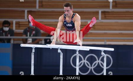 AUGUST 03rd, 2021 - TOKYO, JAPAN: Sam MIKULAK of United States performs at the Men's Parallel Bars during the Artistic Gymnastics Apparatus Finals at the Tokyo 2020 Olympic Games (Photo by Mickael Chavet/RX) Stock Photo