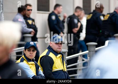 Law-enforcement officers with DHS and Local Police dept. post outside US Customs and Border Protection Philadelphia Offices, in Philadelphia, PA, on March 1st, 2017, as constituents protest at the site. At the small protest constituents request for a townhall with Senator Pat Toomey (R) on the day his Philadelphia moves into a new office in the federal building. A day earlier eleven were arrested during a sit-in protests for the same request at Senator's previous city office. (Photo by Bastiaan Slabbers/NurPhoto) *** Please Use Credit from Credit Field *** Stock Photo