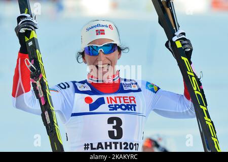 Marit Bjoergen from Norway celebrates after she wins Ladies cross-country 30 km Mass Start Free and her FOURTH GOLD MEDAL, at FIS Nordic World Ski Championship 2017 in Lahti. On Saturday, March 04, 2017, in Lahti, Finland. Photo by Artur Widak *** Please Use Credit from Credit Field ***  Stock Photo