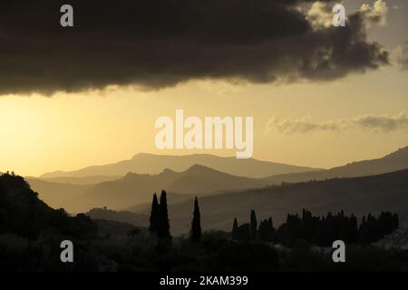 mountain range at the sunset in Western Sicily, Italy (clouds) Stock Photo