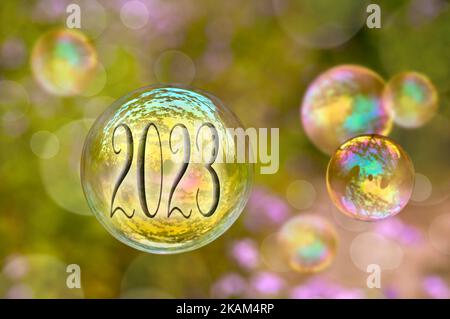 2023 soap bubble new year greeting card, lightness green natural ecological concept Stock Photo