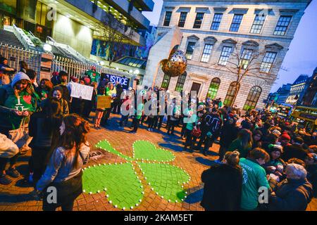 A group of undocumented adults living in Ireland and their supporters hold a demonstration outside Dublin's Central Bank, in support to all undocumented in the USA on the day when Taoiseach Enda Kenny meets with US President Donald Trump in the White House. On Thursday, March 16, 2017, in Dublin, Ireland. (Photo by Artur Widak/NurPhoto) *** Please Use Credit from Credit Field ***  Stock Photo