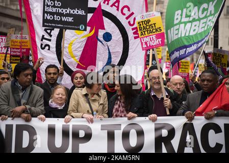 Francis O'Grady (CL), General Secretary of the Trade Union Congress, and Siema Iqbal (CR), General Practitioner, a member of Muslim Engagement and Development and writer, participate in the 'Stand Up To Racism' demonstration for United Nations Anti-Racism Day, in London, United Kingdom, on Saturday Mar. 18, 2017. The annual demonstration takes place, in many cities, to mark United Nations Anti-Racism Day. (Photo by Jonathan Nicholson/NurPhoto) *** Please Use Credit from Credit Field *** Stock Photo