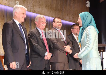 Pandeli Majko, Former Prime Minister of Albania, John Bolton, Former United States Ambassador to the United Nations, Deputy Chief of U.S. Mission David Muniz, Maryam Rajavi, President elect of the Iranians Resistance, Tirana, Albania 20/03/2017 - Maryam Rajavi addressed her greeting at Nowruz celebration, the Iranian New Year, which was held at Tirana Albania with PMOI members and guests from Albania, France and United States. Maryam Rajavi said, This Nowruz harbingers end of religious dictatorship and advent of the spring of freedom. (Photo by Siavosh Hosseini/NurPhoto) *** Please Use Credit  Stock Photo