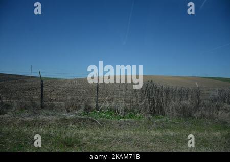 The old one border fence along the Bulgaria - Turkish border, near Kapitan Andreevo border crossing point, some 280 km east of the capital of Sofia. Frontex patrols are providing support to the Bulgarian border police to help monitor the border and rescue the illegal refugees who trying to cross the Bulgaria - Turkish border. The illegal migrant who tried to cross in Europe through the new built fence are only two people for the past month, Kapitan Andreevo, Bulgaria on March 23, 2017 (Photo by Hristo Rusev/NurPhoto) *** Please Use Credit from Credit Field *** Stock Photo