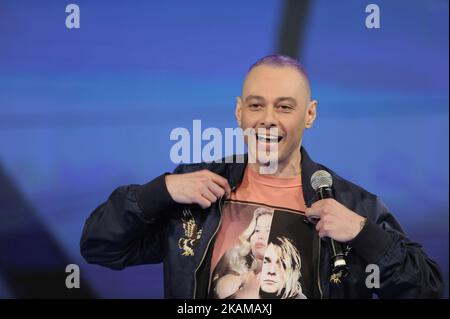 Fabri Fibra (real name Fabrizio Tarducci) Italian rapper, record producer  and writer during the tv show Che Tempo Che Fa in Milan, Italy, on March  26, 2017. (Photo by Omar Bai/NurPhoto) (Photo