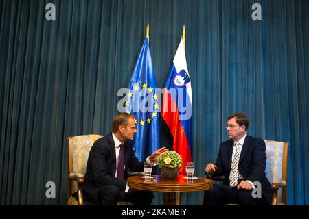 The President of the European Council Donald Tusk on an official visit at the Slovenian Prime Minister Miro Cerar in Ljubljana, Slovenia, on April 3, 2017. (Photo by Damjan Zibert/NurPhoto) *** Please Use Credit from Credit Field *** Stock Photo