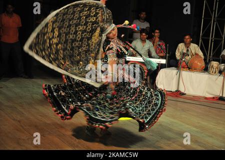 Indian Folk Dancer perform World famous Kalbelia dancer,Kalbelia is performed by Naachato Rajasthan the women's group of the Kalbelia community of Rajasthan, on April 4, 2017. The main occupation of the community is catching snakes and trading snake venom, on April 4, 2017. Hence, the dance movements and the costumes bear resemblance to that of the serpents, on April 4, 2017. Dancers attired in traditional black swirling skirts sway sinuously to the plaintive notes of the 'been' in Kolkata,India, on April 4, 2017. (Photo by Debajyoti Chakraborty/NurPhoto) *** Please Use Credit from Credit Fiel Stock Photo