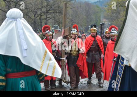 A scene from a reenactment of the Way of the Cross in Kalwaria Zebrzydowska. On Friday, April 14, 2017, in Kalwaria Zebrzydowska, Poland. Photo by Artur Widak *** Please Use Credit from Credit Field ***  Stock Photo