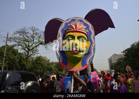 Bangladeshi people participate in a parade to celebrate the first day of the Bangla New Year or 'Pahela Baisshakh', in Dhaka, Bangladesh, Friday, April 14, 2017. Thousands of Bangladeshi people on Friday celebrated their new year with fairs, concerts and rallies. (Photo by Mamunur Rashid/NurPhoto) *** Please Use Credit from Credit Field *** Stock Photo