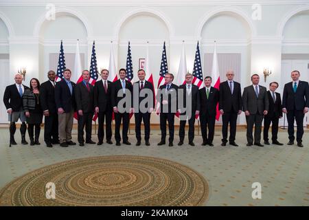 Polish President Andrzej Duda and Speaker of the United States House of Representatives Paul Ryan pose for a group photo with congressmen and members of the delagation in the Presidential Palace in Warsaw, Poland on 21 April 2017 (Photo by Mateusz Wlodarczyk/NurPhoto) *** Please Use Credit from Credit Field *** Stock Photo