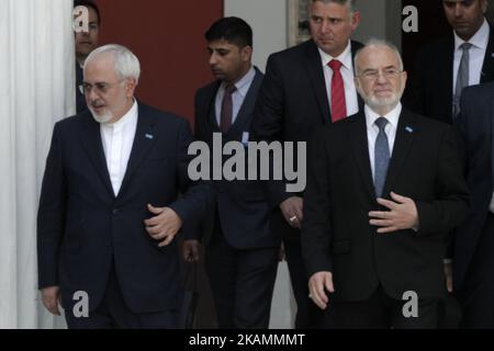 Iranian Foreign Minister Mohammad Javad Zarif (L) and his Iraqi counterpart Ibrahim al-Jaafari, attend the 'Ancient Civilizations Forum' (ACForum) at Zappeion Hall in Athens, Greece, on Monday April 24, 2017. (Photo by Panayotis Tzamaros/NurPhoto) *** Please Use Credit from Credit Field *** Stock Photo