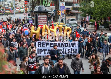 Demonstrators hold placards reading 'Referendum should be cancelled' during a protest at the Kadikoy district in Istanbul on April 23, 2017 following the results in a nationwide referendum that will hugely enhance the president Recep Erdogan powers. Turkey's main opposition party launched a legal challenge at a top court on April 21 to last-minute changes to voting rules in the referendum that saw President Recep Tayyip Erdogan win expanded powers. (Photo by Emrah Oprukcu/NurPhoto) *** Please Use Credit from Credit Field *** Stock Photo