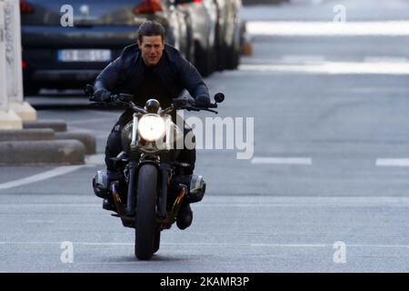 Actor Tom Cruise is seen riding a BMW bike on the set of Mission