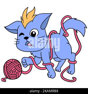 A cute doodle of a blue cat playing and getting tangled in a thread spool, cartoon character Stock Vector