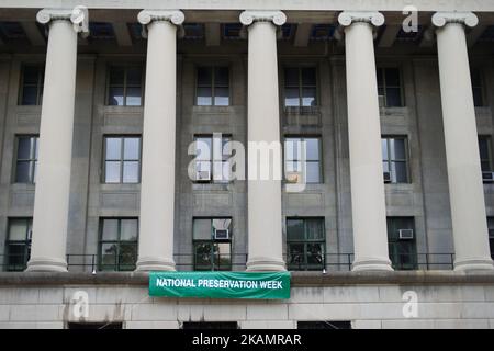 Banner announcing National Preservation Week hangs from one of the building of the Commonwealth of Pennsylvania Capitol Complex, in Harrisburg, PA, on April 30, 2017. Diminishing retail, crumbling infrastructure, environmental issues, poverty and unemployment are shown in a view on the current state of a section of rural America on day 101 of Trump's Presidency. The Keystone state Pennsylvania formed an important factor in Trump's victory in the 2016 US elections. (Photo by Bastiaan Slabbers/NurPhoto) *** Please Use Credit from Credit Field *** Stock Photo