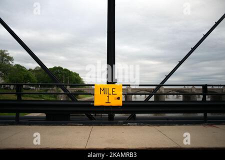 One-mile marker intended for a leisure run is mounted on Walnut St. Bridge, over the Susquehanna River, in Harrisburg, PA, on April 30, 2017. Diminishing retail, crumbling infrastructure, environmental issues, poverty and unemployment are shown in a view on the current state of a section of rural America on day 101 of Trump's Presidency. The Keystone state Pennsylvania formed an important factor in Trump's victory in the 2016 US elections. (Photo by Bastiaan Slabbers/NurPhoto) *** Please Use Credit from Credit Field *** Stock Photo