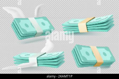 Money banknotes bundles with wings isolated on transparent background. Finance icons of payment, inflation, shopping, savings loss with flying paper c Stock Vector