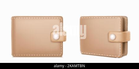 Leather wallet 3d render front and angle view. Realistic beige purse, pocket for money and cards keeping. Luxury accessory with stitches and clasp iso Stock Vector