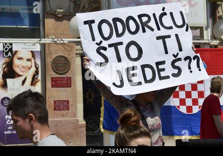 Community of Little People has organized a protest called 'Protest of Little people' against Distraint law, against Property tax law, against Lex Agrokor law and many other problems in the country in Ban Josip Jelacic square. in Zagreb, Croatia during celebration of May day on 1st May 2017. (Photo by Alen Gurovic/NurPhoto) *** Please Use Credit from Credit Field *** Stock Photo