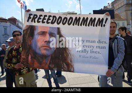 Community of Little People has organized a protest called 'Protest of Little people' against Distraint law, against Property tax law, against Lex Agrokor law and many other problems in the country in Ban Josip Jelacic square. in Zagreb, Croatia during celebration of May day on 1st May 2017. (Photo by Alen Gurovic/NurPhoto) *** Please Use Credit from Credit Field *** Stock Photo