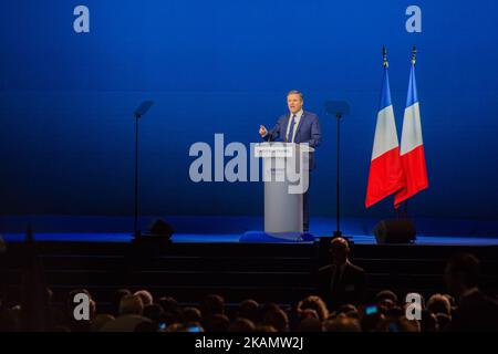 Nicolas Dupont-Aignan delivers a speech during the rally of Marine Le Pen in Villepinte, near Paris on Monday,1st May 2017. He made an agreement with her to support her and he will be the Prime Minister if Marine Le Pen wins the elections. (Photo by Michaud Gael/NurPhoto) *** Please Use Credit from Credit Field *** Stock Photo