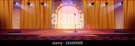 Concert hall, tv studio, karaoke or comedy show stage with microphone, spotlights, yellow curtains and auditorium seats. Empty scene for music festiva Stock Vector