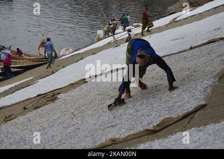 A Bangladeshi worker Recycled plastic chips drying on the bank of the Buriganga River in Dhaka, Bangladesh, on May 7, 2017. These chips will be used for producing various plastic goods. (Photo by Mamunur Rashid/NurPhoto) *** Please Use Credit from Credit Field *** Stock Photo