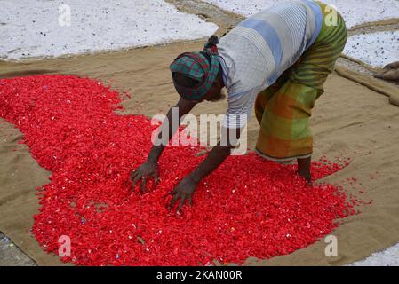 A Bangladeshi worker Recycled plastic chips drying on the bank of the Buriganga River in Dhaka, Bangladesh, on May 7, 2017. These chips will be used for producing various plastic goods. (Photo by Mamunur Rashid/NurPhoto) *** Please Use Credit from Credit Field *** Stock Photo