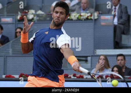 Fernando Verdasco of Spain in action against Alexander Zverev of Germany during day four of the Mutua Madrid Open tennis at La Caja Magica on May 9, 2017 in Madrid, Spain. (Photo by Oscar Gonzalez/NurPhoto) *** Please Use Credit from Credit Field *** Stock Photo