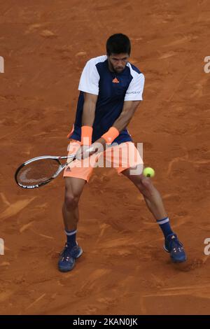 Fernando Verdasco of Spain in action against Alexander Zverev of Germany during day four of the Mutua Madrid Open tennis at La Caja Magica on May 9, 2017 in Madrid, Spain. (Photo by Oscar Gonzalez/NurPhoto) *** Please Use Credit from Credit Field *** Stock Photo