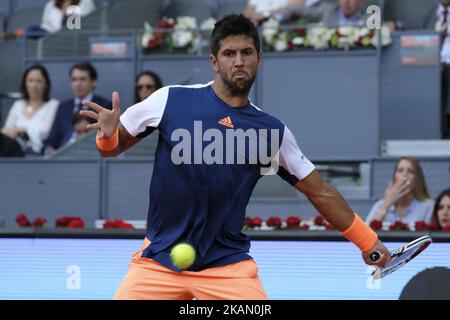 Fernando Verdasco of Spain in action against Alexander Zverev of Germany during day four of the Mutua Madrid Open tennis at La Caja Magica on May 9, 2017 in Madrid, Spain. (Photo by Oscar Gonzalez/NurPhoto) *** Please Use Credit from Credit Field *** Stock Photo