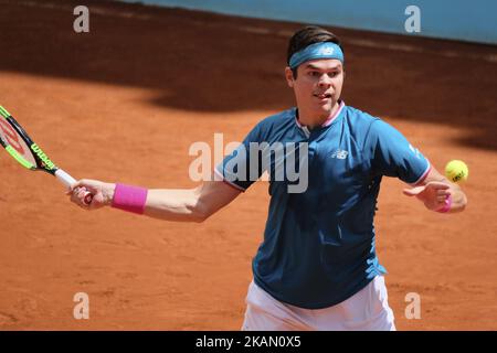 Milos Raonic of Canada against Gilles Muller of Luxembourg during day fiveof the Mutua Madrid Open tennis at La Caja Magica on May 10, 2017 in Madrid, Spain. (Photo by Oscar Gonzalez/NurPhoto) *** Please Use Credit from Credit Field *** Stock Photo