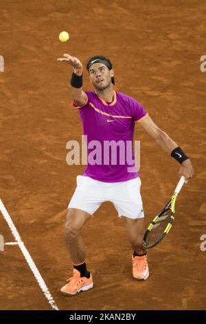 Rafael Nadal of Spain in action against David Goffin of Belgium during day seven of the Mutua Madrid Open tennis at La Caja Magica on May 12, 2017 in Madrid, Spain (Photo by Oscar Gonzalez/NurPhoto) *** Please Use Credit from Credit Field *** Stock Photo