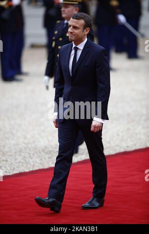 France's newly-elected President Emmanuel Macron arrives at the Elysee Presidential Palace for the handover ceremony with outgoing President Francois Hollande on May 14, 2017 in Paris, France. Macron was elected President of the French Republic on May 07, 2017 with 66,1 % of the votes cast. (Photo by Mehdi Taamallah/NurPhoto) *** Please Use Credit from Credit Field *** Stock Photo