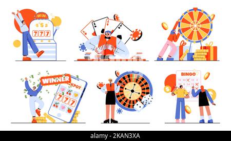People playing casino and gamble games isolated set. Gambling concept with male and female characters spin roulette, slot machine, poker and lottery f Stock Vector