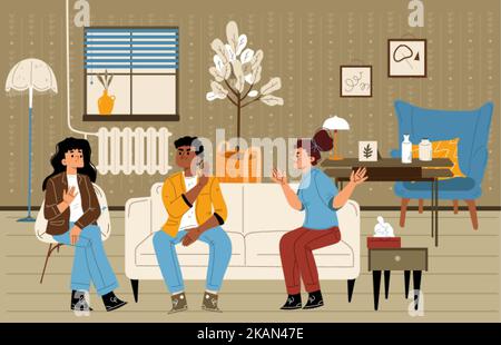 Family psychotherapy, psychologist speaking with couple in conflict and bad relation. Young husband and wife sitting on couch at doctor cabinet talk a Stock Vector