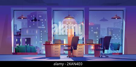 Night office, open space workplace interior with city view in wide floor-to-ceiling windows, glowing lamp over the tables, laptops, chairs and task bo Stock Vector