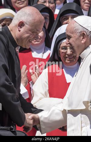 Pope Francis greets nuns from Mexico at the end of his weekly general audience, in St. Peter's Square, at the Vatican, Wednesday, May 17, 2017. (Photo by Massimo Valicchia/NurPhoto) *** Please Use Credit from Credit Field *** Stock Photo