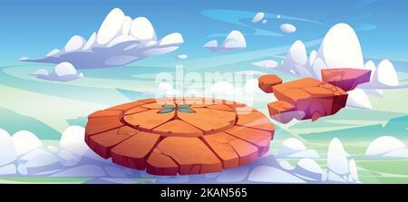 Battle arena, magic altar with runes in float blue sky with clouds. Cartoon game background with floating round platform covered with glowing ancient Stock Vector