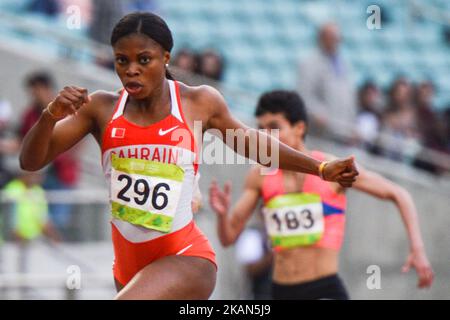 Edidiong Ofonime Odiong of Bahrain wins Women's 200m final, during an athletic event at Baku 2017 - 4th Islamic Solidarity Games at Baku Olympic Stadium. On Thursday, May 18, 2017 in Baku, Azerbaijan. *** Please Use Credit from Credit Field ***  Stock Photo