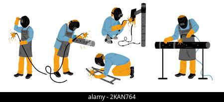 Welder, construction worker in safety mask repairs pipes. Man in helmet work with welding machine and pipeline isolated on white background, vector ha Stock Vector