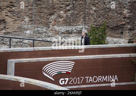 British Prime Minister Teresa May arrives at the Ancient Theatre of Taormina ahead the G7 Summit on May 26, 2017. (Photo by Christian Minelli/NurPhoto) *** Please Use Credit from Credit Field *** Stock Photo
