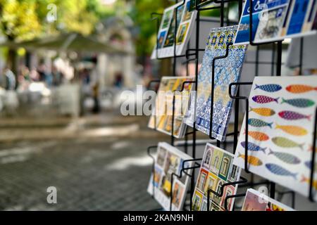 Postcard display stand, Lisbon, Portugal Stock Photo