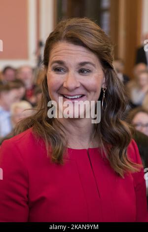 Melinda Gates (C) is pictured as she awaits to receive the Otto-Hahn Peace Medal for her philanthropic activity against poverty and sickness in the world through The Bill & Melinda Gates Foundation at the town hall in Berlin, Germany on May 25, 2017. (Photo by Emmanuele Contini/NurPhoto) *** Please Use Credit from Credit Field *** Stock Photo