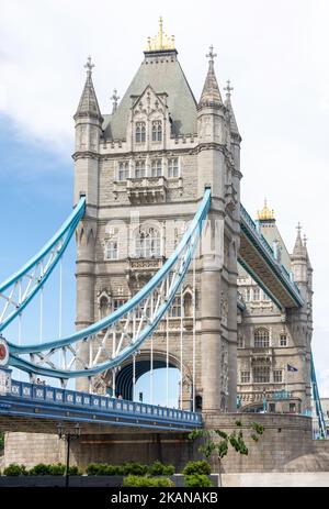 Tower Bridge from Shad Thames, London Borough of Southwark, Greater London, England, United Kingdom Stock Photo