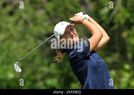 Perrine Delacour of France tees off on the 7th tee during the third round of the LPGA Volvik Championship at Travis Pointe Country Club, Ann Arbor, MI, USA Saturday, May 27, 2017. (Photo by Jorge Lemus/NurPhoto) *** Please Use Credit from Credit Field *** Stock Photo