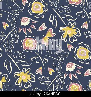 Surreal wild meadow flower. butterfly, heart seamless vector pattern background. Scattered flowers,butterflies,hearts blue yellow pink backdrop.Bright Stock Vector