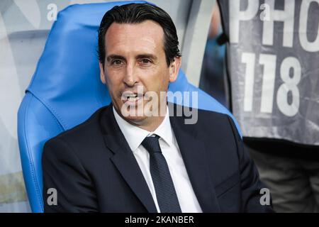 Paris Saint-Germain's Spanish head-coach Unai Emery smiles during the French Cup final football match between Paris Saint-Germain (PSG) and Angers (SCO) on May 27, 2017, at the Stade de France in Saint-Denis, north of Paris. (Photo by Geoffroy Van der Hasselt/NurPhoto) *** Please Use Credit from Credit Field *** Stock Photo